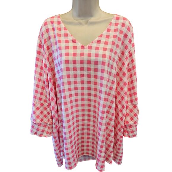 EUC Jessica London tiered 3/4 sleeve 26W pink picnic checkered chic girly career - Picture 1 of 7